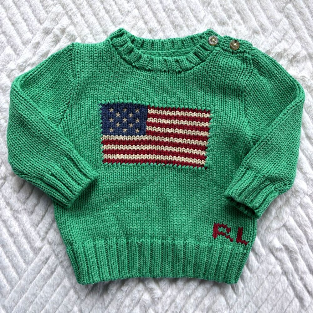 Ralph Lauren Baby Size 9M Plato Green Cotton American Flag Knit Pullover Sweater